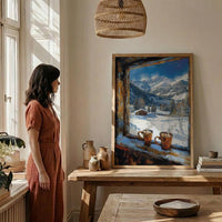 Winter Wall Art, Snowy Mountain Window View, Cabin Decor Print, Hot Chocolate Art, Ski Lodge Painting