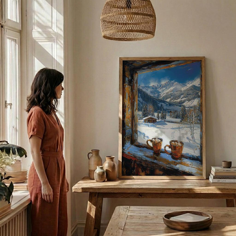 Winter Wall Art, Snowy Mountain Window View, Cabin Decor Print, Hot Chocolate Art, Ski Lodge Painting