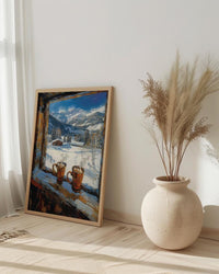 Winter Wall Art, Snowy Mountain Window View, Cabin Decor Print, Hot Chocolate Art, Ski Lodge Painting