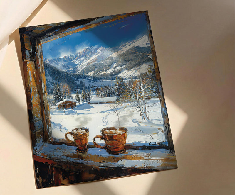 Winter Wall Art, Snowy Mountain Window View, Cabin Decor Print, Hot Chocolate Art, Ski Lodge Painting