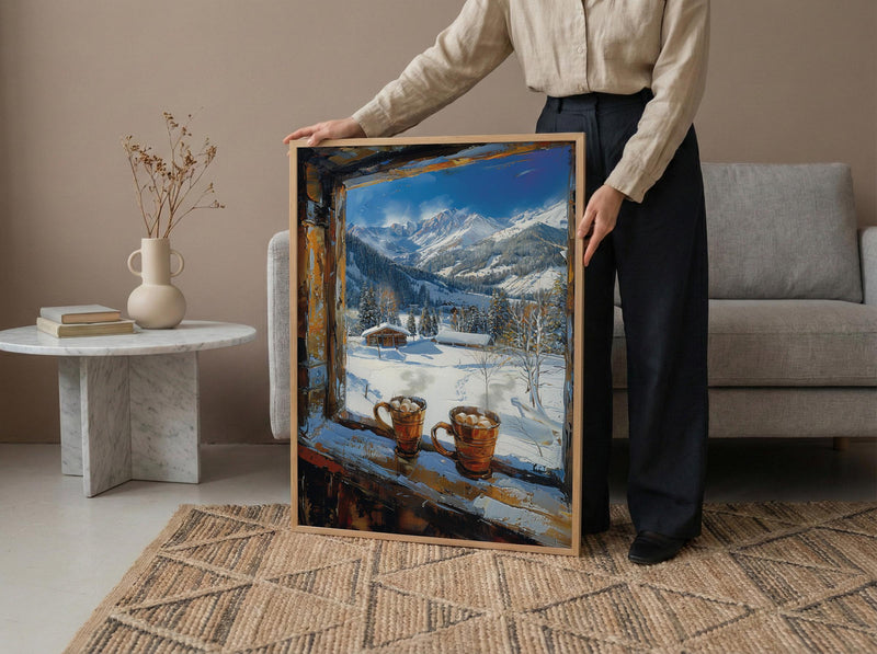Winter Wall Art, Snowy Mountain Window View, Cabin Decor Print, Hot Chocolate Art, Ski Lodge Painting