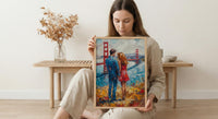 San Francisco Wall Art, Golden Gate Bridge Couple Print, Foggy City Painting, California Travel Gift, Romantic Decor