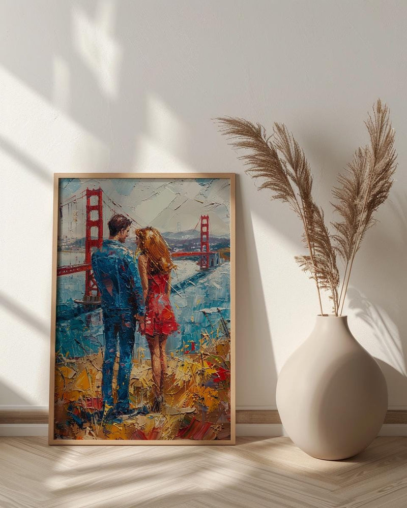 San Francisco Wall Art, Golden Gate Bridge Couple Print, Foggy City Painting, California Travel Gift, Romantic Decor