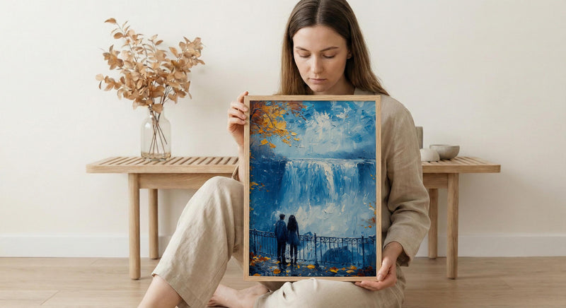 Niagara Falls Wall Art, Waterfall Landscape Print, Romantic Couple Painting, Nature Lover Gift, Impasto Water Art