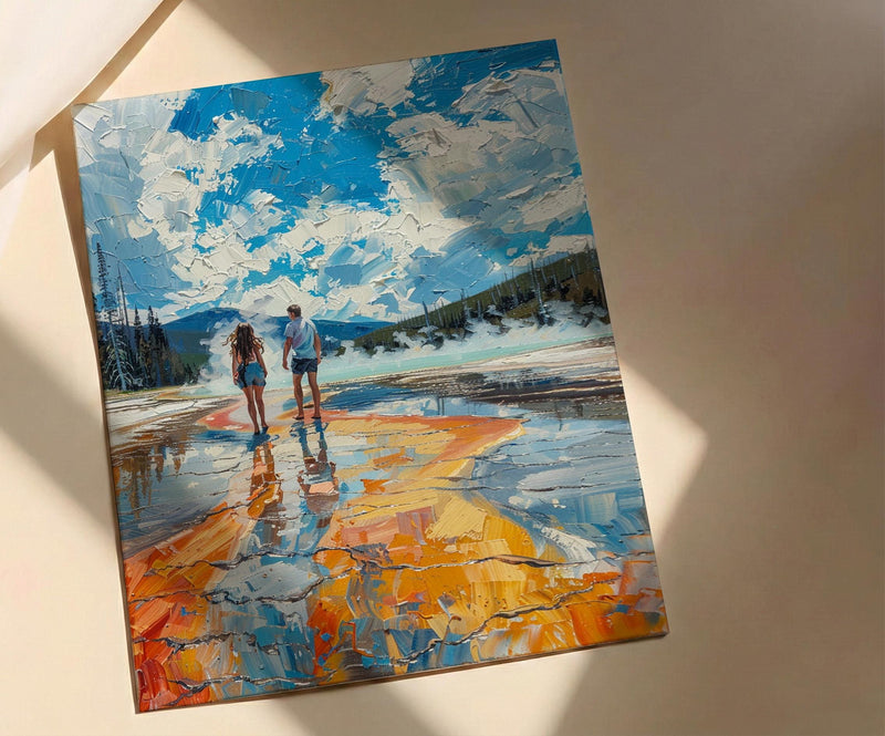 Yellowstone Wall Art, National Park Couple Print, Geyser Landscape Painting, Nature Travel Decor, Colorful Thermal Art