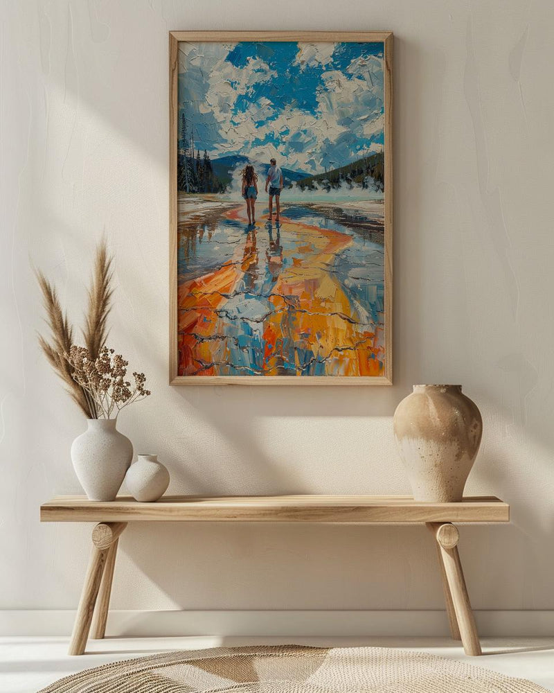 Yellowstone Wall Art, National Park Couple Print, Geyser Landscape Painting, Nature Travel Decor, Colorful Thermal Art