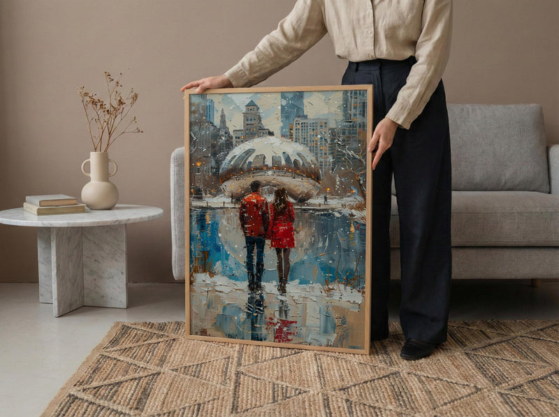 Chicago Wall Art, Cloud Gate Bean Print, City Skyline Painting, Urban Couple Decor, Romantic Cityscape Art