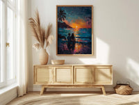 Hawaii Wall Art, Volcano Sunset Couple Print, Tropical Beach Painting, Palm Tree Decor, Romantic Honeymoon Gift