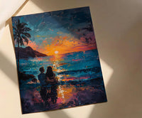 Hawaii Wall Art, Volcano Sunset Couple Print, Tropical Beach Painting, Palm Tree Decor, Romantic Honeymoon Gift