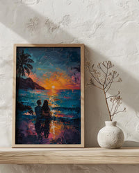 Hawaii Wall Art, Volcano Sunset Couple Print, Tropical Beach Painting, Palm Tree Decor, Romantic Honeymoon Gift