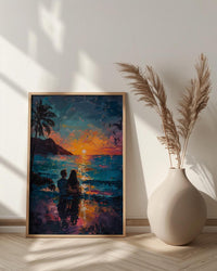 Hawaii Wall Art, Volcano Sunset Couple Print, Tropical Beach Painting, Palm Tree Decor, Romantic Honeymoon Gift