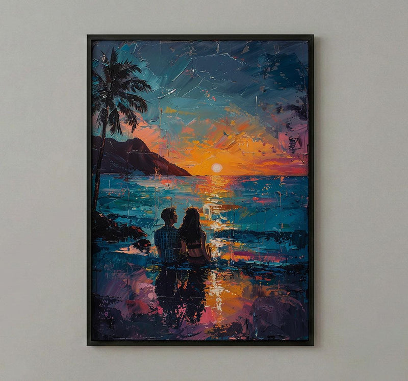 Hawaii Wall Art, Volcano Sunset Couple Print, Tropical Beach Painting, Palm Tree Decor, Romantic Honeymoon Gift