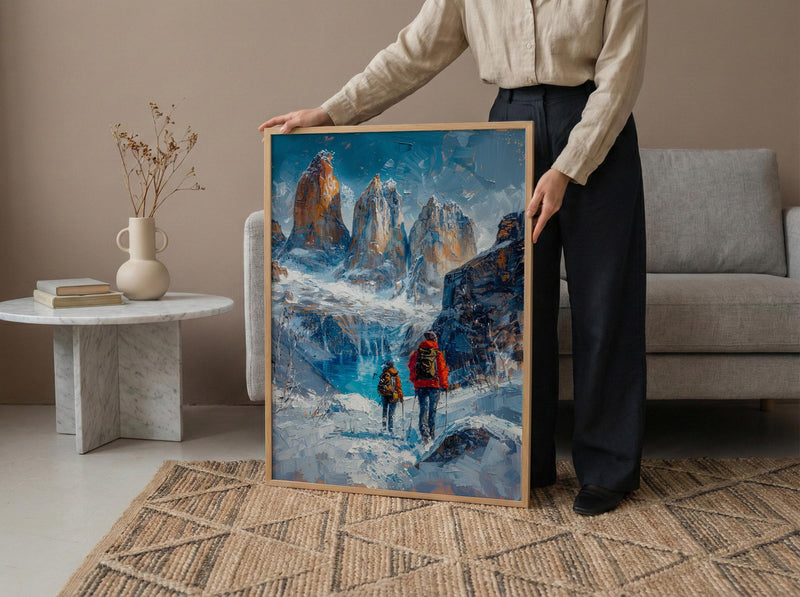 Patagonia Wall Art, Torres del Paine Print, Mountain Hiking, Impasto Oil Painting, Adventure Couple, Nature Gift, Anniversary Gift