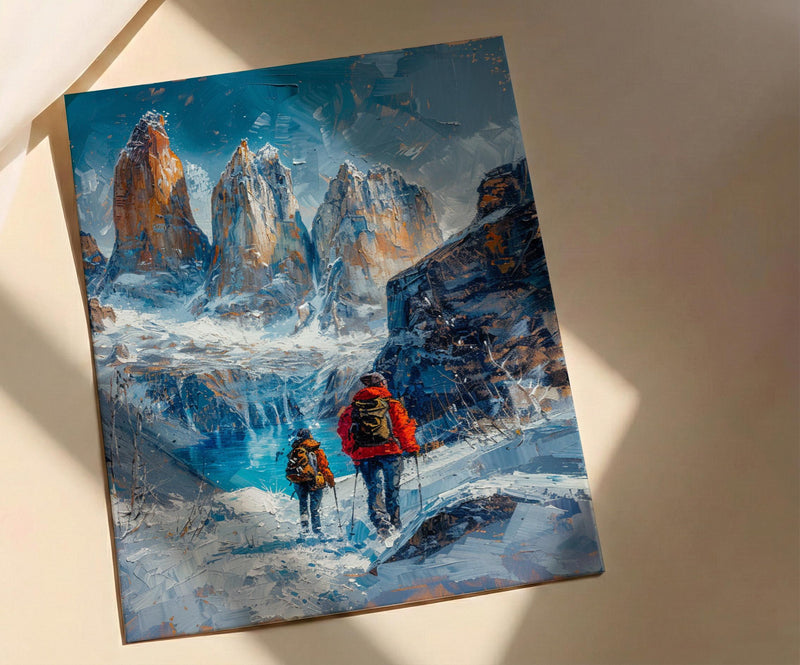 Patagonia Wall Art, Torres del Paine Print, Mountain Hiking, Impasto Oil Painting, Adventure Couple, Nature Gift, Anniversary Gift