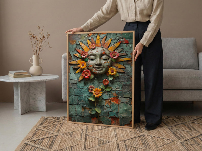 Aztec Art Print, Sun Stone Decor, Mexico History, Impasto Oil Painting, Ancient Symbol, Stone Texture, Aesthetic Room Decor