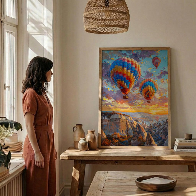 Cappadocia Wall Art, Hot Air Balloon Print, Turkey Travel Poster, Impasto Oil Painting, Sunrise Decor, Travel Lover Gift, Dreamy