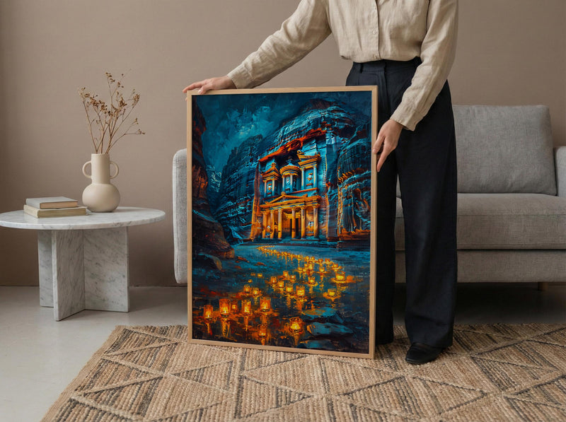 Petra Jordan Wall Art, Treasury Print, Ancient Ruins, Impasto Oil Painting, Night Candle Decor, History Lover Gift, Travel Lover Gift