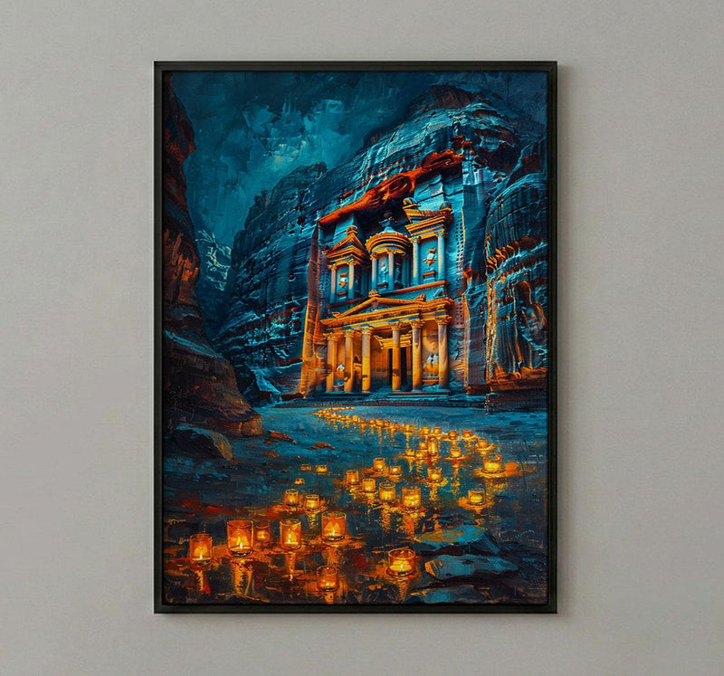 Petra Jordan Wall Art, Treasury Print, Ancient Ruins, Impasto Oil Painting, Night Candle Decor, History Lover Gift, Travel Lover Gift