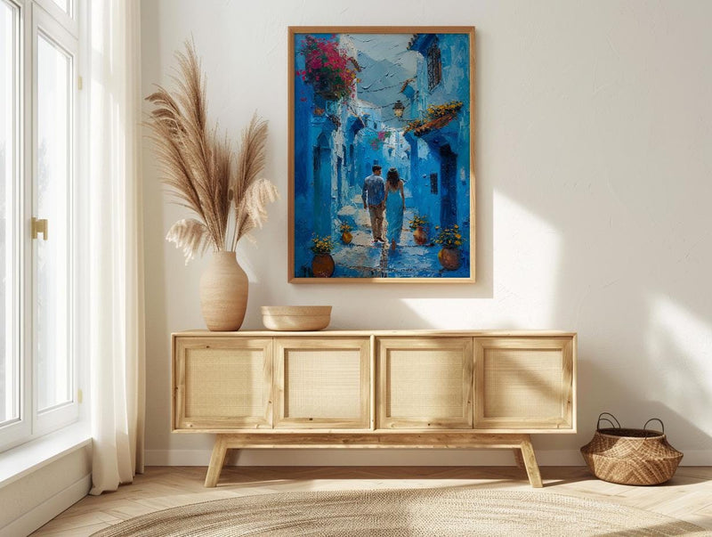 Chefchaouen Wall Art, Morocco Blue City, Boho Travel Print, Impasto Oil Painting, Narrow Street, Anniversary Gift, Colorful