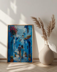 Chefchaouen Wall Art, Morocco Blue City, Boho Travel Print, Impasto Oil Painting, Narrow Street, Anniversary Gift, Colorful