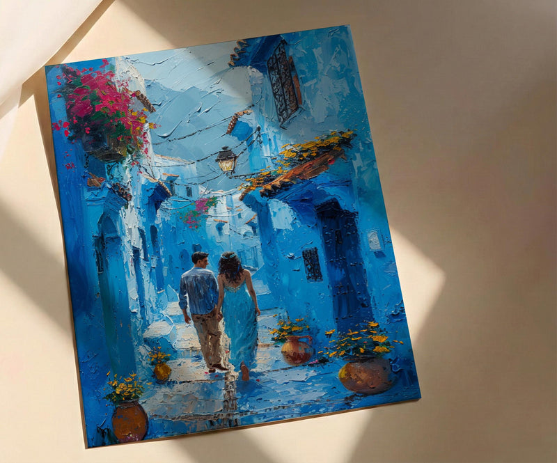 Chefchaouen Wall Art, Morocco Blue City, Boho Travel Print, Impasto Oil Painting, Narrow Street, Anniversary Gift, Colorful