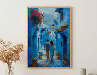 Chefchaouen Wall Art, Morocco Blue City, Boho Travel Print, Impasto Oil Painting, Narrow Street, Anniversary Gift, Colorful