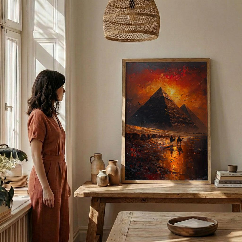 Egypt Pyramids Art, Giza Wall Decor, Sunset Landscape, Impasto Oil Painting, Camel Print, History Gift, Travel Lover Gift