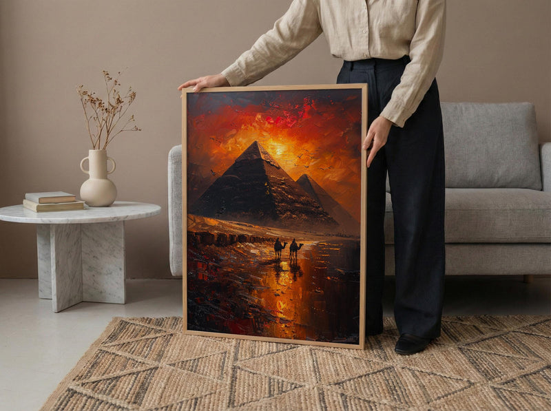 Egypt Pyramids Art, Giza Wall Decor, Sunset Landscape, Impasto Oil Painting, Camel Print, History Gift, Travel Lover Gift