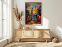 Istanbul Wall Art, Galata Tower Print, Turkey Travel Poster, Impasto Oil Painting, Golden Hour City, Wanderlust Decor, Urban