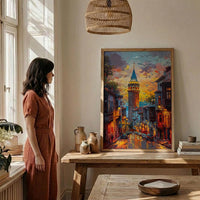 Istanbul Wall Art, Galata Tower Print, Turkey Travel Poster, Impasto Oil Painting, Golden Hour City, Wanderlust Decor, Urban