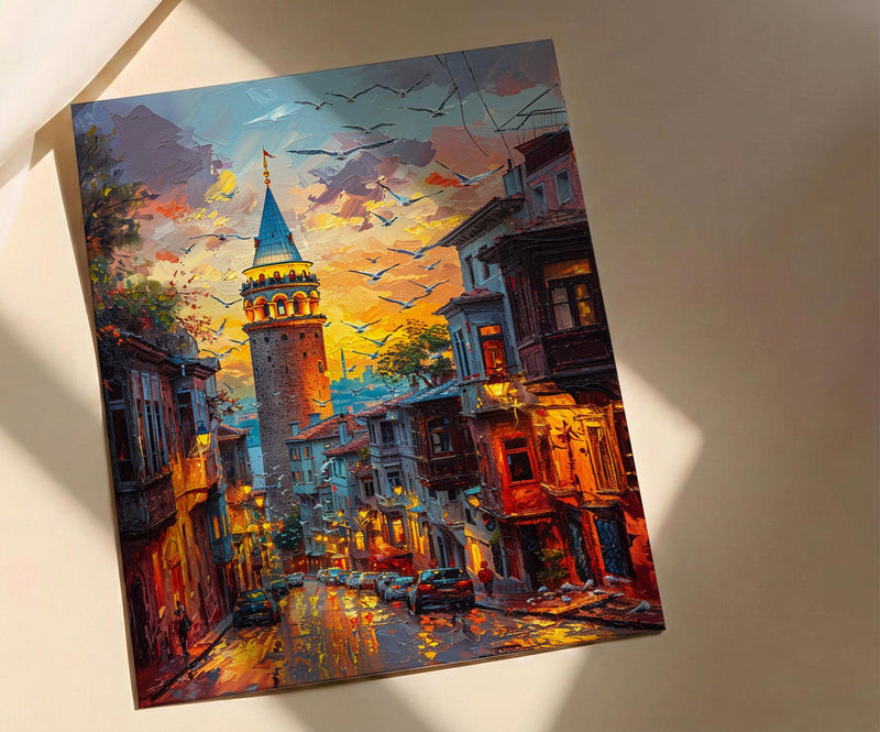 Istanbul Wall Art, Galata Tower Print, Turkey Travel Poster, Impasto Oil Painting, Golden Hour City, Wanderlust Decor, Urban