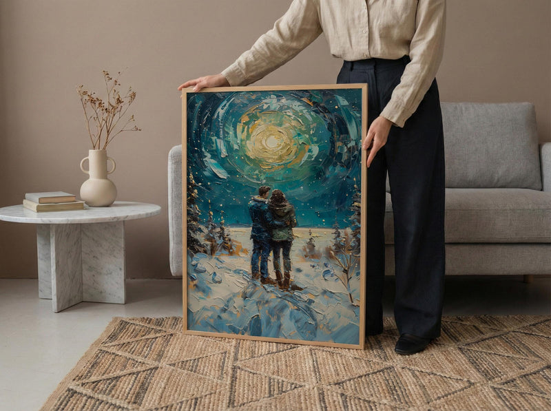 Alaska Wall Art, Northern Lights Couple Print, Aurora Borealis Painting, Night Sky Decor, Romantic Winter Gift