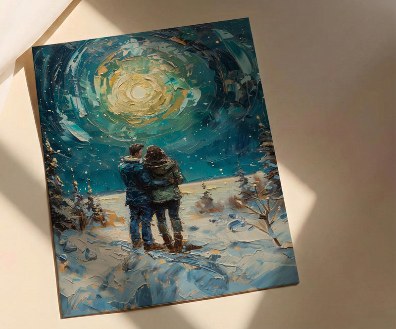 Alaska Wall Art, Northern Lights Couple Print, Aurora Borealis Painting, Night Sky Decor, Romantic Winter Gift