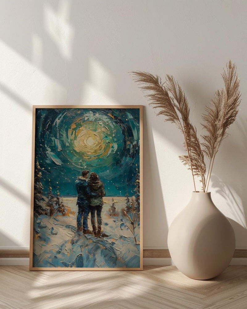 Alaska Wall Art, Northern Lights Couple Print, Aurora Borealis Painting, Night Sky Decor, Romantic Winter Gift