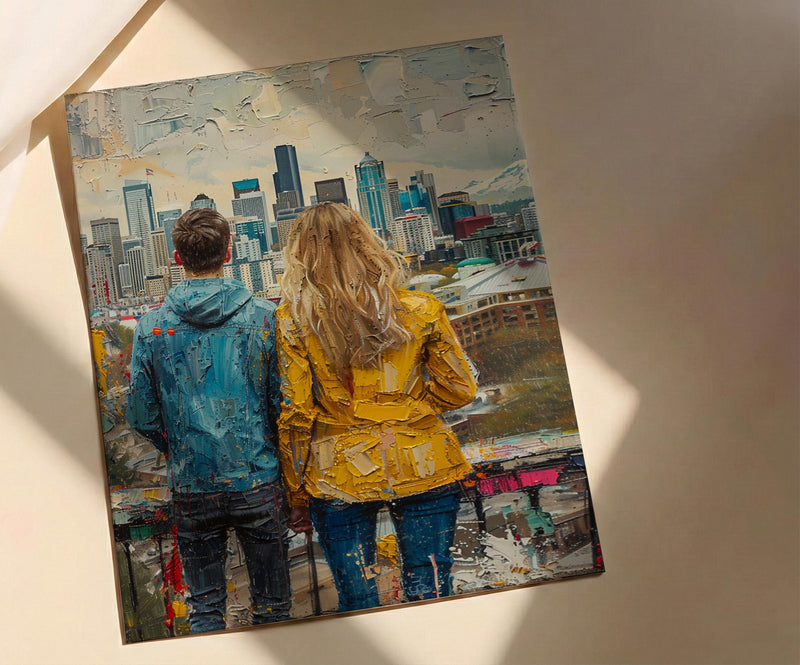 Seattle Wall Art, Space Needle Couple Print, City Skyline Painting, Cloudy Day Decor, Urban Travel Gift