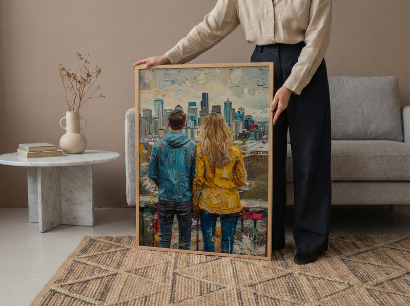 Seattle Wall Art, Space Needle Couple Print, City Skyline Painting, Cloudy Day Decor, Urban Travel Gift