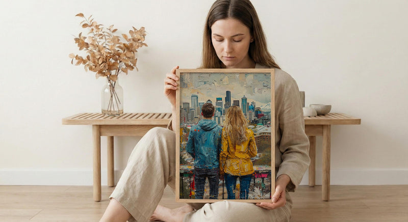 Seattle Wall Art, Space Needle Couple Print, City Skyline Painting, Cloudy Day Decor, Urban Travel Gift