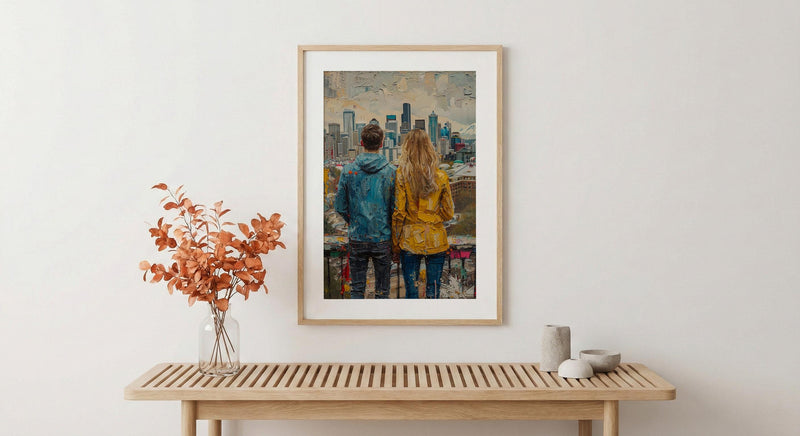 Seattle Wall Art, Space Needle Couple Print, City Skyline Painting, Cloudy Day Decor, Urban Travel Gift