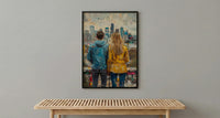 Seattle Wall Art, Space Needle Couple Print, City Skyline Painting, Cloudy Day Decor, Urban Travel Gift