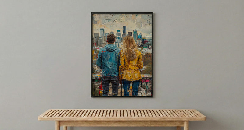 Seattle Wall Art, Space Needle Couple Print, City Skyline Painting, Cloudy Day Decor, Urban Travel Gift