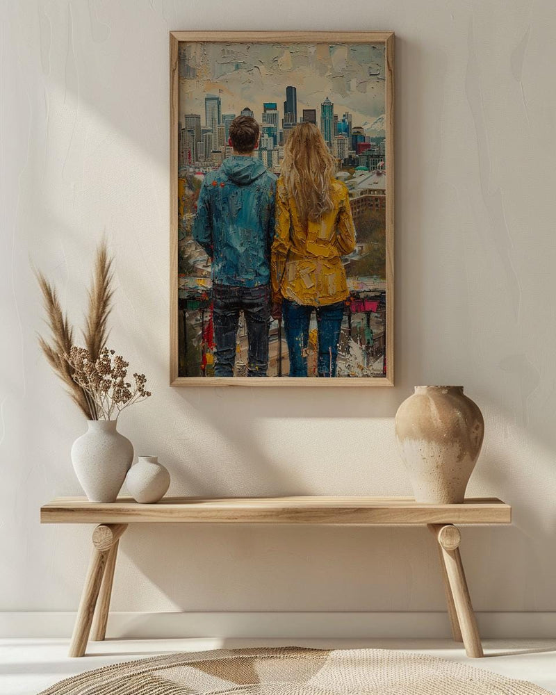 Seattle Wall Art, Space Needle Couple Print, City Skyline Painting, Cloudy Day Decor, Urban Travel Gift