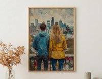 Seattle Wall Art, Space Needle Couple Print, City Skyline Painting, Cloudy Day Decor, Urban Travel Gift