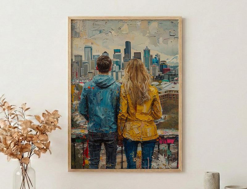 Seattle Wall Art, Space Needle Couple Print, City Skyline Painting, Cloudy Day Decor, Urban Travel Gift