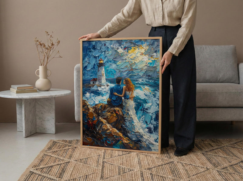 Maine Wall Art, Lighthouse Coastal Print, Ocean Wave Painting, Romantic Couple Decor, New England Art