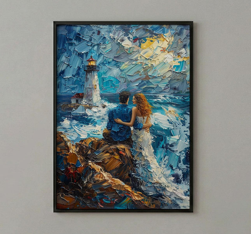 Maine Wall Art, Lighthouse Coastal Print, Ocean Wave Painting, Romantic Couple Decor, New England Art
