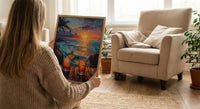 Hawaii Wall Art, Tropical Window View, Beach Sunset Print, Tiki Bar Decor, Ocean Landscape Painting