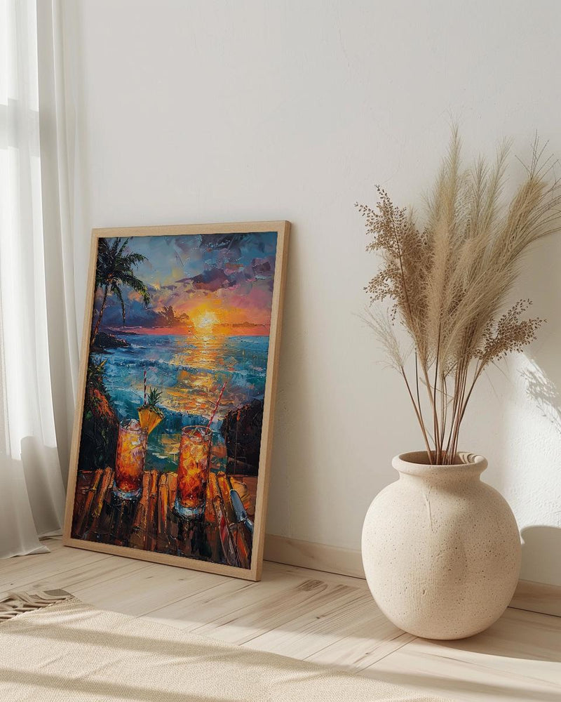 Hawaii Wall Art, Tropical Window View, Beach Sunset Print, Tiki Bar Decor, Ocean Landscape Painting