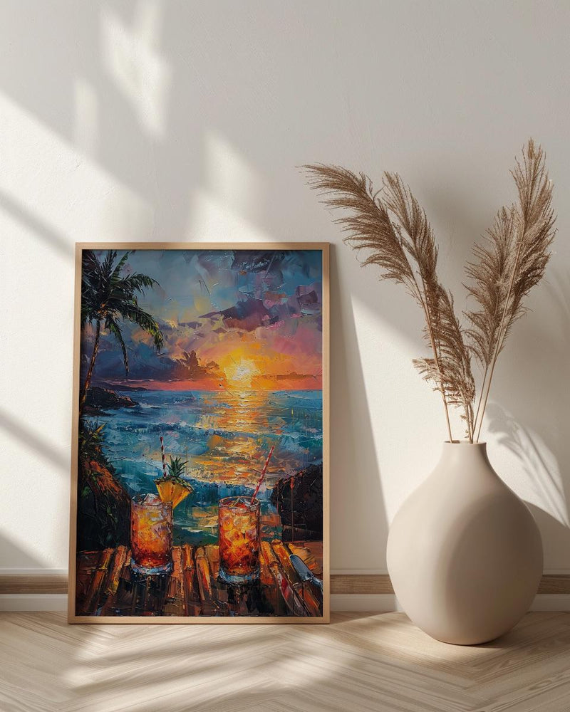 Hawaii Wall Art, Tropical Window View, Beach Sunset Print, Tiki Bar Decor, Ocean Landscape Painting
