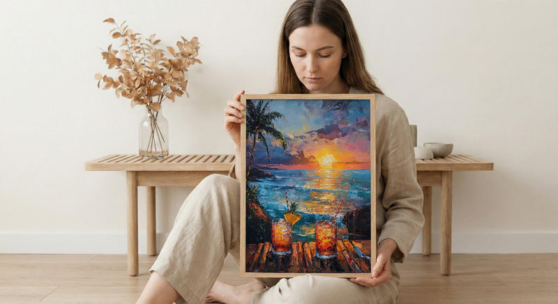 Hawaii Wall Art, Tropical Window View, Beach Sunset Print, Tiki Bar Decor, Ocean Landscape Painting