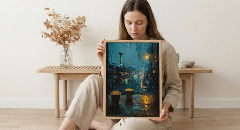 Seattle Wall Art, Rainy Window View, Space Needle Print, Coffee Lover Decor, Moody City Painting